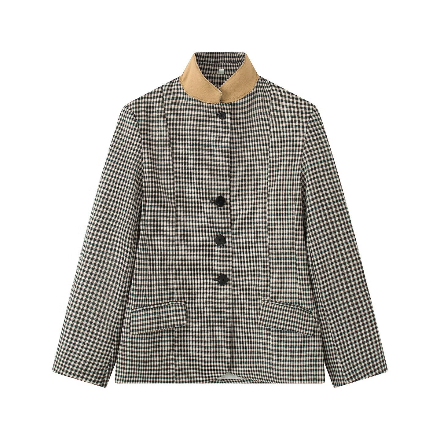 Women Checked Boxy Blazer Jacket with Contrast Stand Collar and Flap Pockets Chichicherry