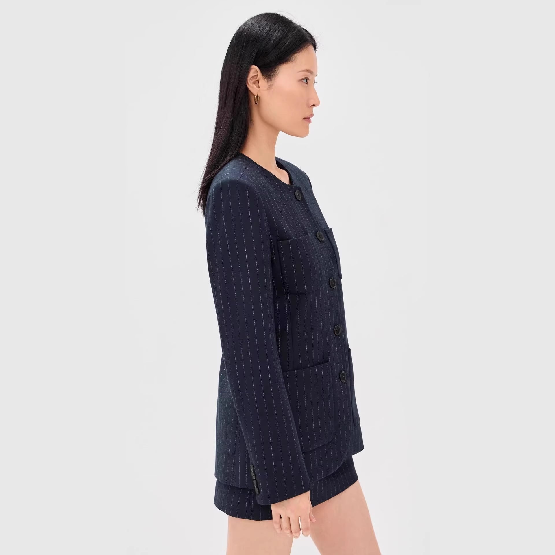 Women Two-Piece Pinstripe Tailoring Set with Collarless Blazer and High-Cut Mini Skirt Chichicherry