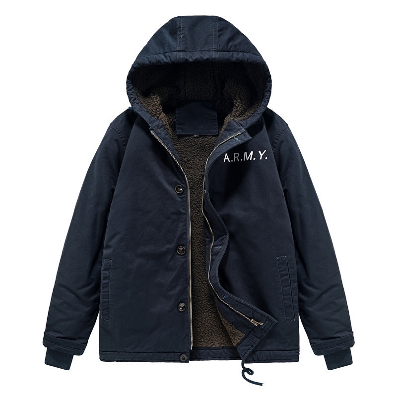 Men's padded hoodie in canvas look with Sherpa lining and Chichicherry military print