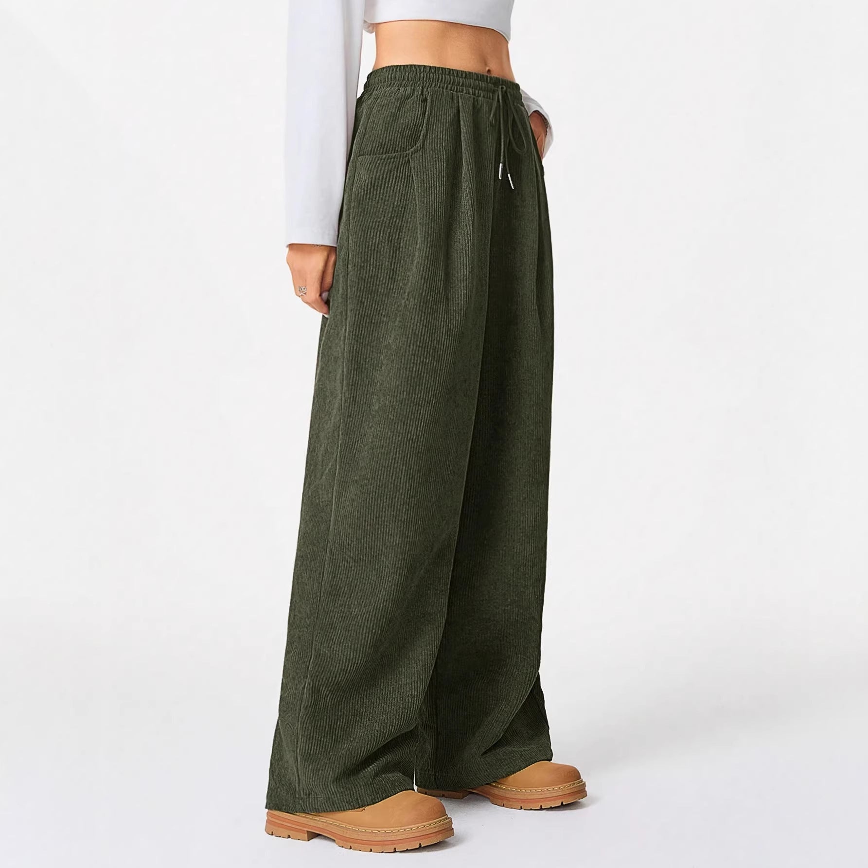 Women's Loose Cord Pants with Elastic Waistband, Drawstring, and Side Pockets Chichicherry