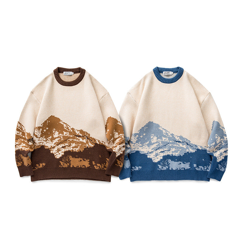 Unisex Oversized knit sweater with mountain jacquard and ribbed round neckline Chichicherry