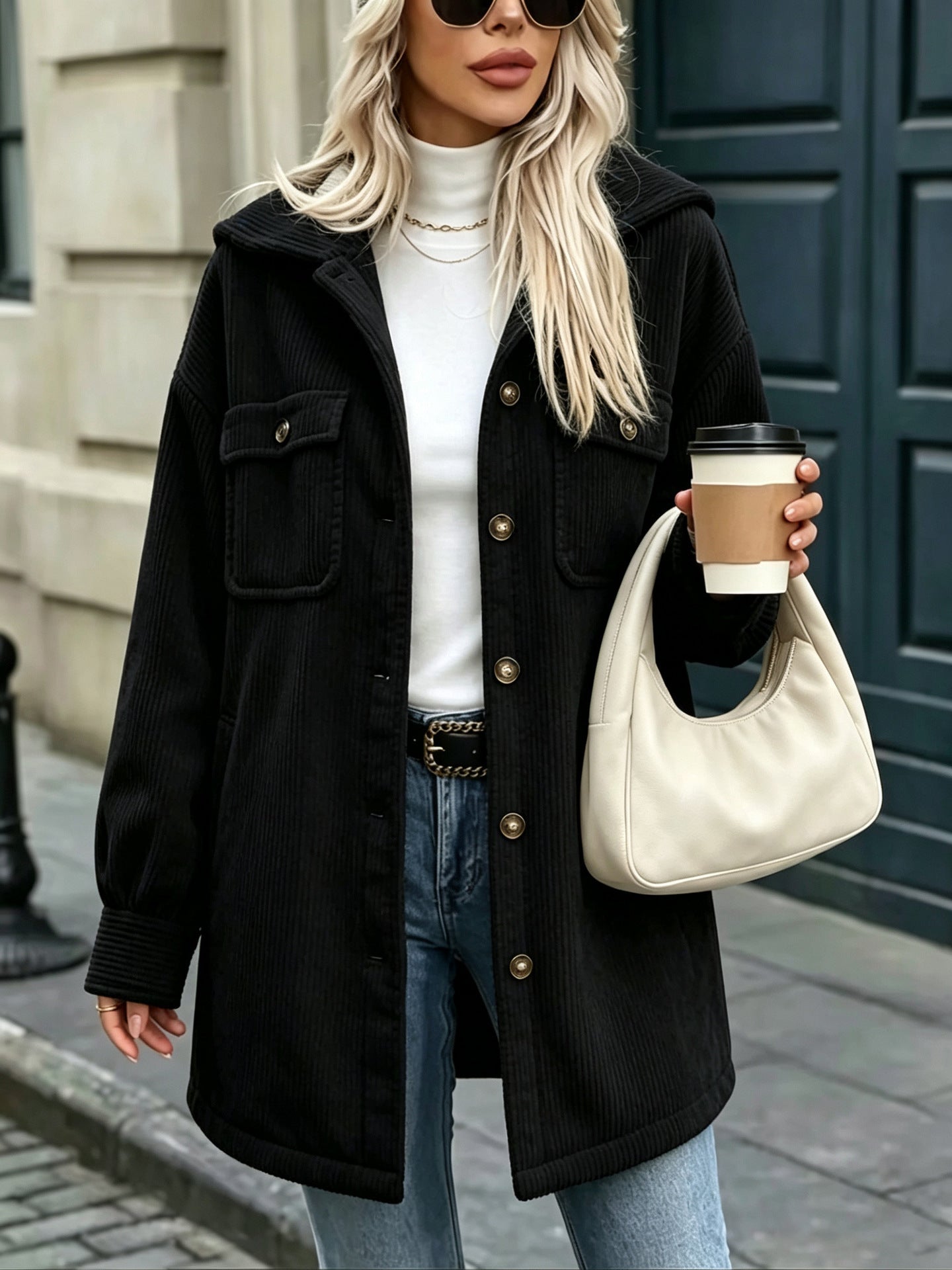 Women's cord jacket with hood, oversized and patch pockets Chichicherry