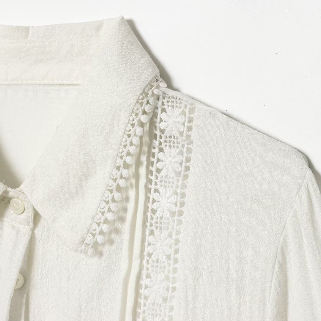Ladies blouse with delicate lace appliqué, concealed button placket and balloon sleeves Chichicherry