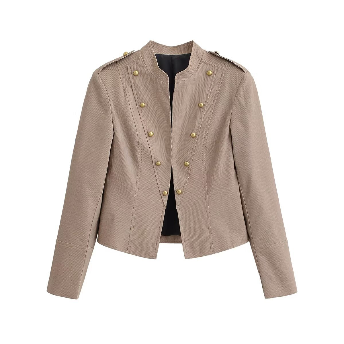Women's military-inspired fitted short jacket with stand-up collar and decorative button placket Chichicherry