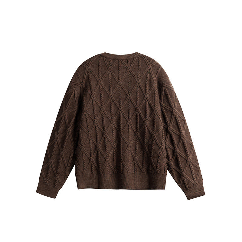 Ladies' knitted cardigan in boxy cut with textured diamond pattern, round neck and continuous button placket Chichicherry