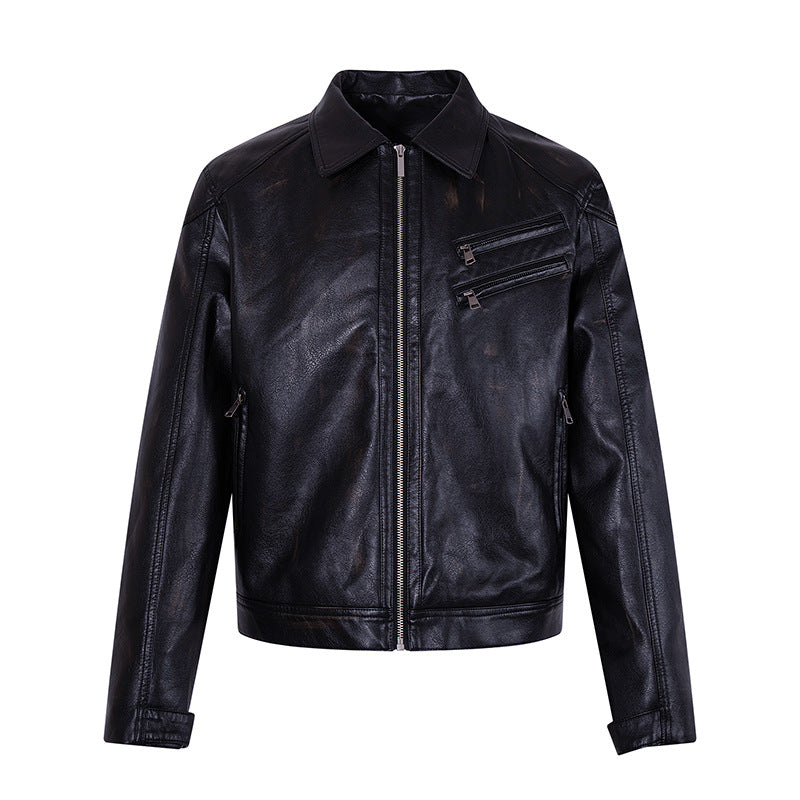 Men's Tailored Biker Jacket Made of Synthetic Leather with Shirt Collar, Zipper and Diagonal Chest Pockets Chichicherry