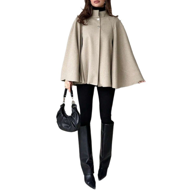 Women's cape coat with stand-up collar, flowing A-line and concealed button placket Chichicherry