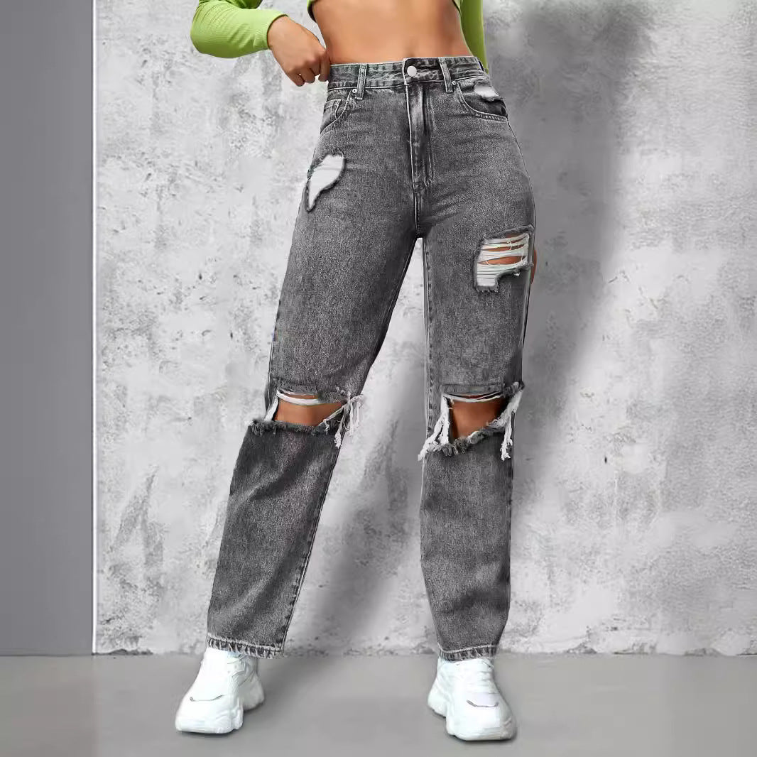 Ladies High-Waist Ripped Straight-Leg Jeans with Knee Cutouts and Used Wash Chichicherry