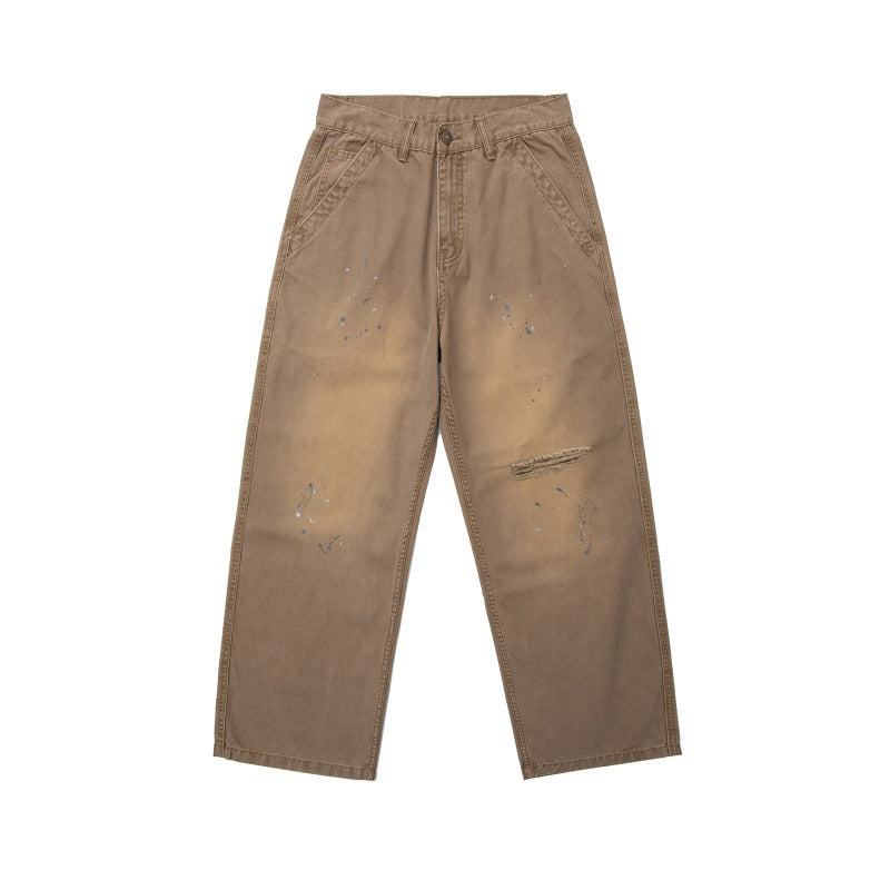 Men's Relaxed Fit Workwear Pants with Paint Splatter and Destroyed Details Chichicherry