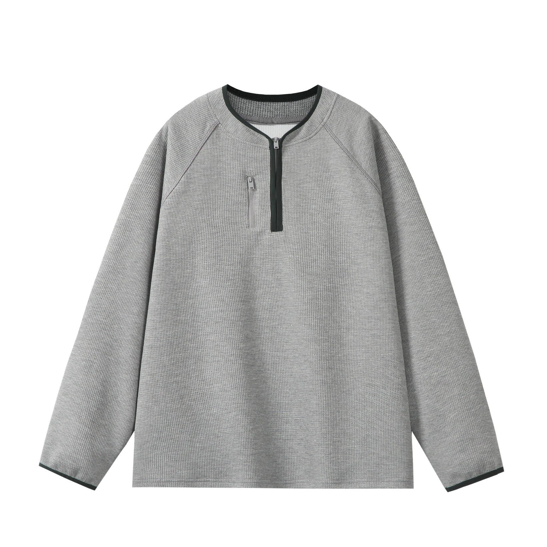 Unisex Relaxed-Fit Waffle Knit Half Zip with Concealed Chest Pocket and Raglan Sleeves Chichicherry