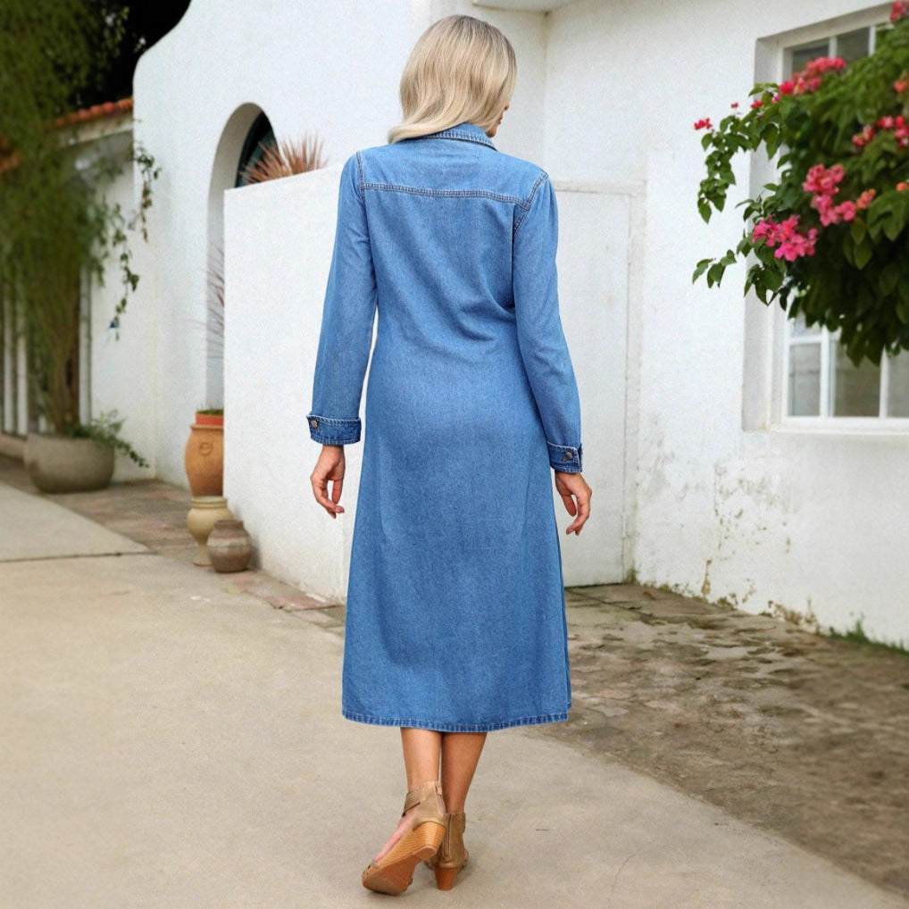 Women's denim midi dress with button placket, tailored fit and chest pockets Chichicherry