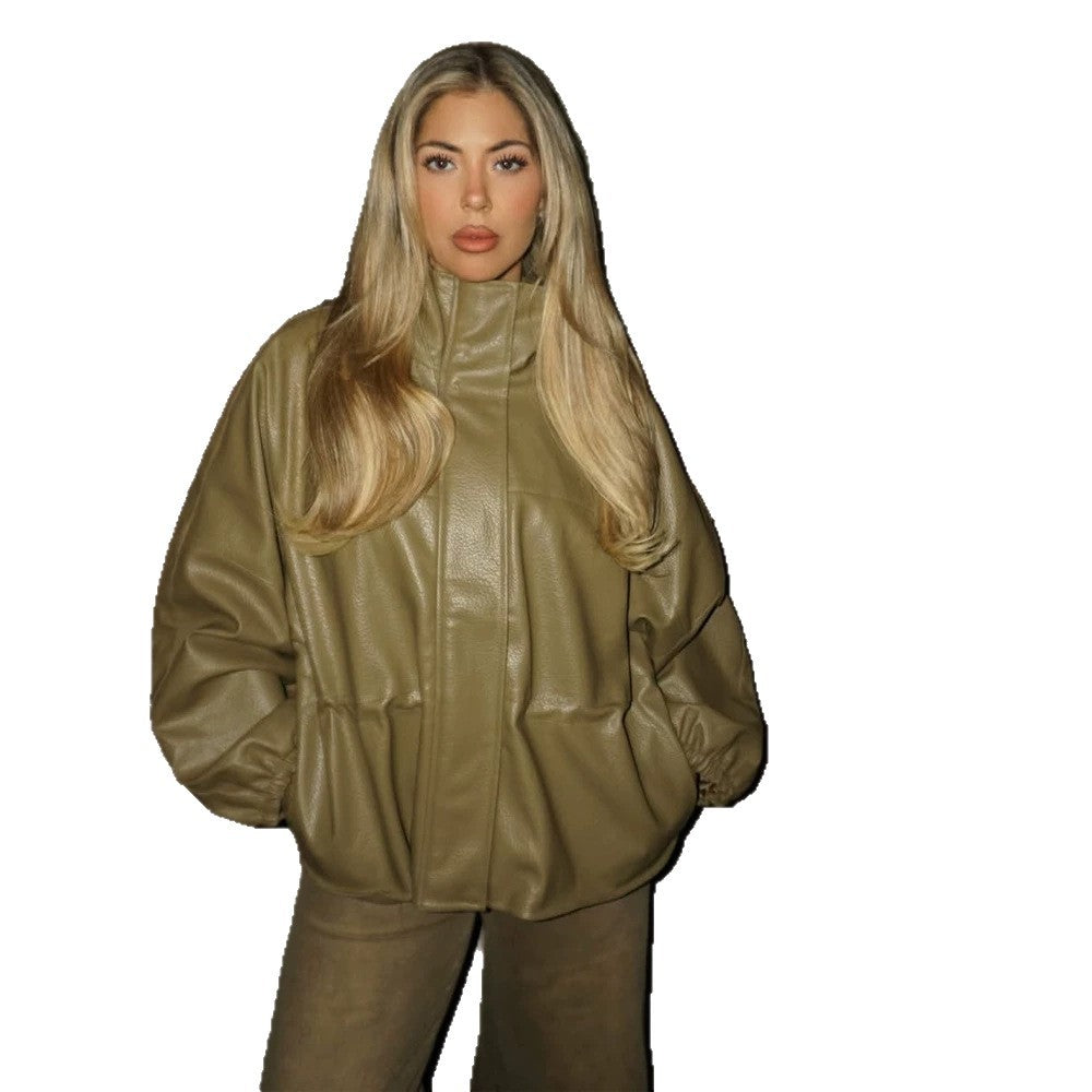 Women Boxy Faux Leather Jacket with High Stand-Up Collar, Drawstring Waist and Balloon Sleeves Chichicherry