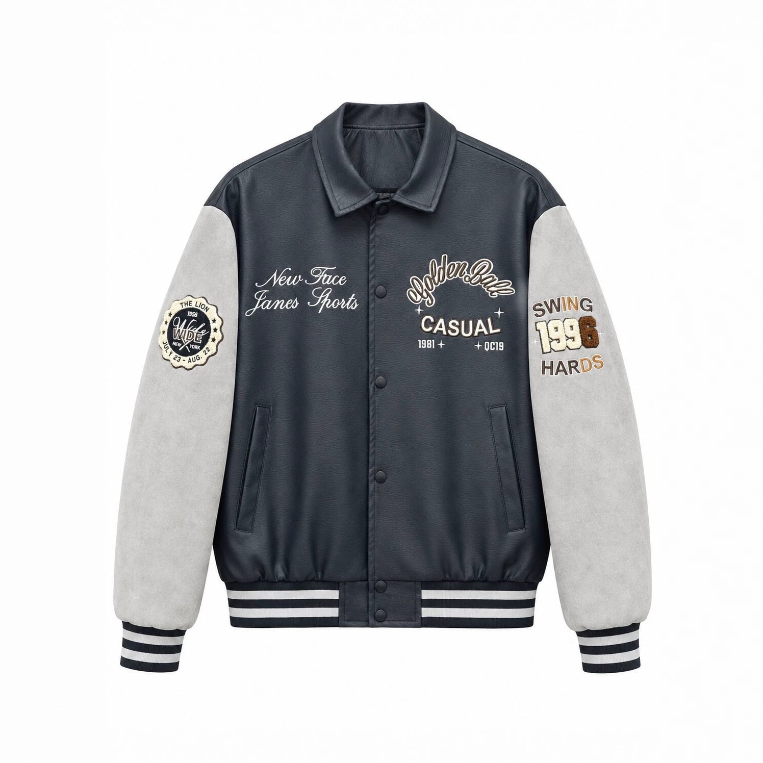 Men's Varsity Faux Leather College Jacket with Contrast Sleeves, Embroidered Patches and Ribbed Hem Chichicherry