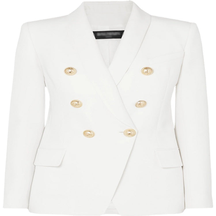 Women's Tailored Double-Breasted Blazer in Tuxedo Tailoring with Shawl Collar and Golden Decorative Round Buttons Chichicherry
