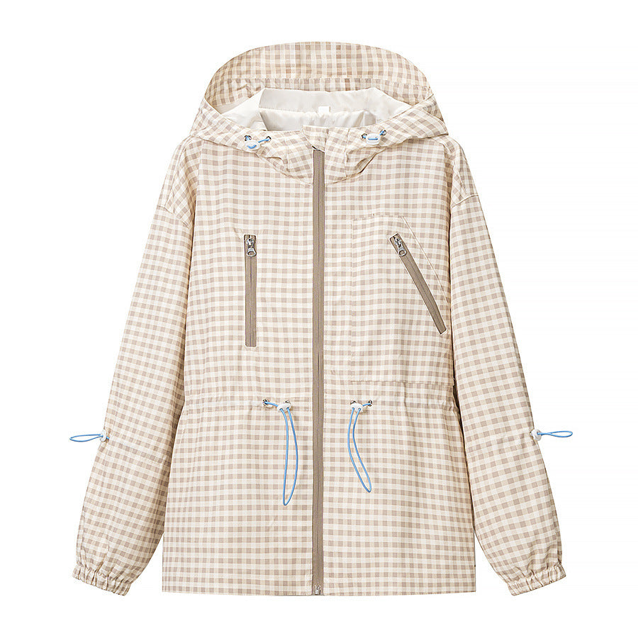 Women's Lightweight Checkered Hooded Jacket with Drawstring and Zipper Pockets Chichicherry