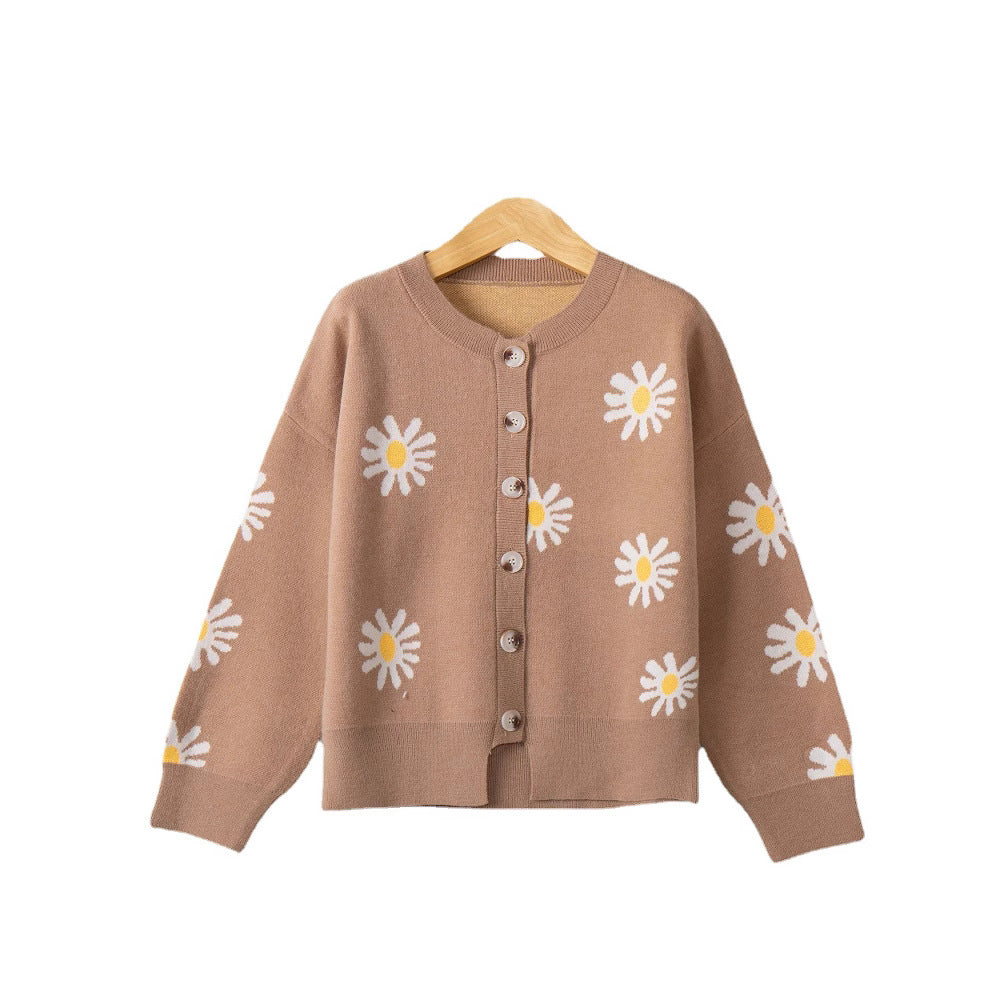 Women's Oversize Knit Cardigan with Flower Appliqué, Mother-of-Pearl Buttons and Wave Hem Chichicherry