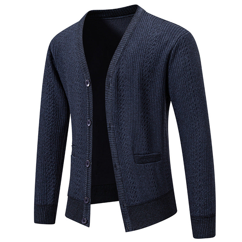 Men's Textured V-Neck Knit Cardigan with Button Placket and Pockets Chichicherry