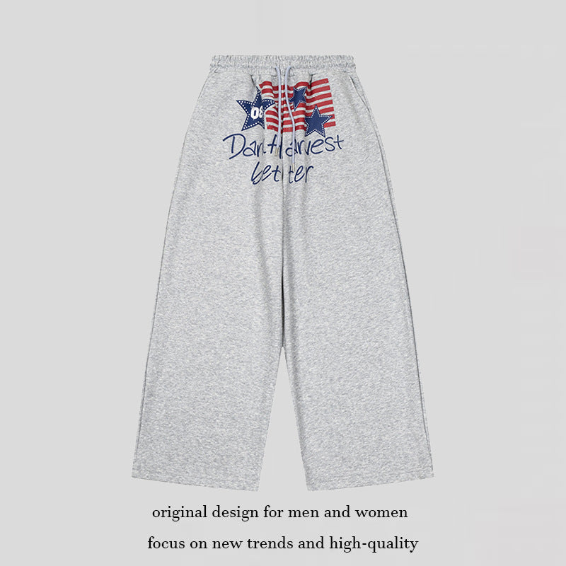 Women's Wide Culotte Lounge Pants with High Comfort Waistband, Drawstring and Star Flag Print Chichicherry