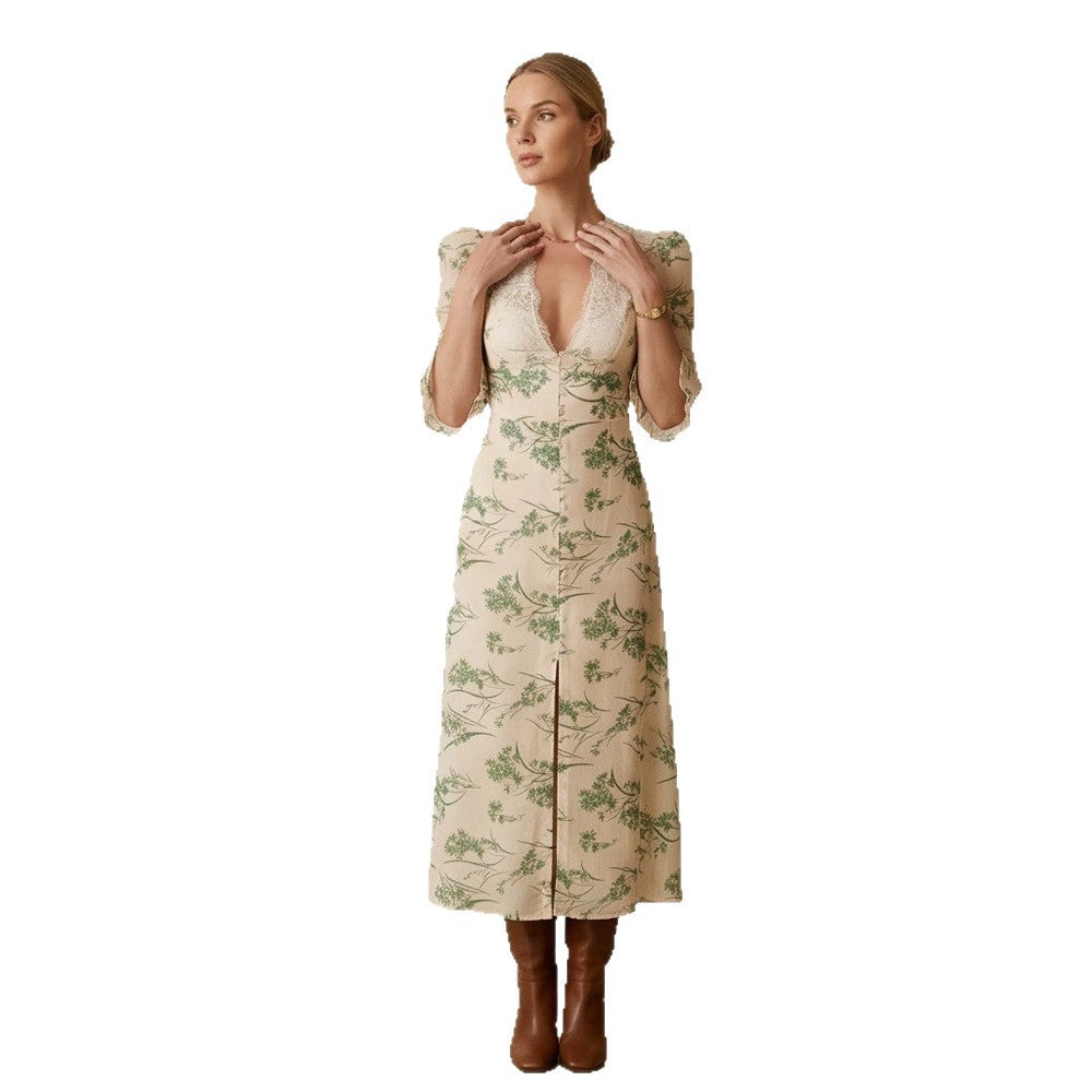 Women Floral Midi Dress with Lace V-Neck, Fitted Waist Seam and Pearl Button Placket Chichicherry