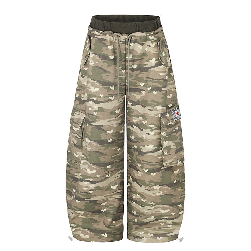 Women's Wide Cargo Pants with Heart Camouflage, Drawstring Waistband and Generous Pockets Chichicherry
