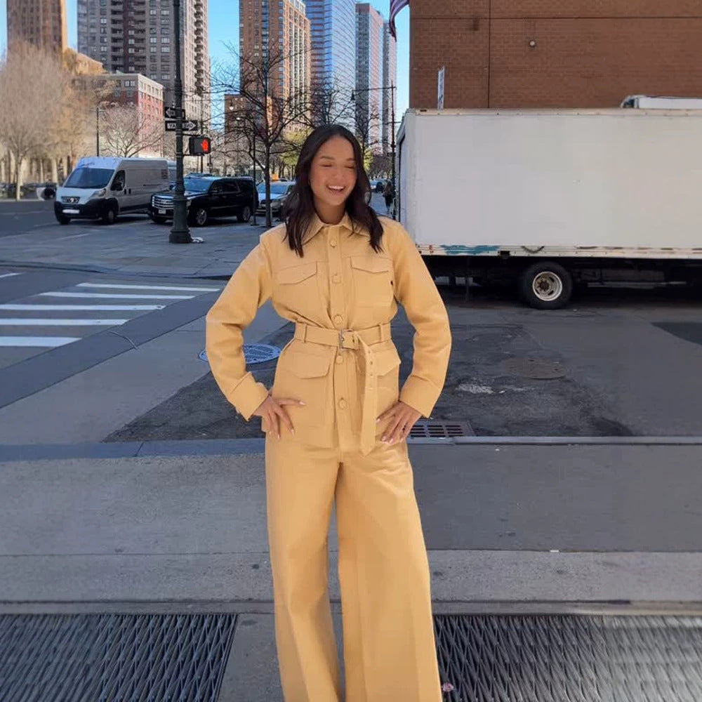 Women's Tailored Utility Jacket in Safari Style with Wide Tie Belt and Flap Pockets