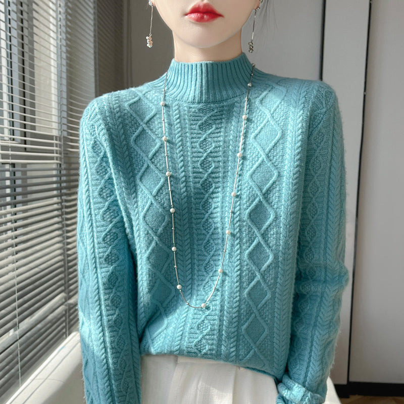 Women's cable-knit mock neck sweater with fine ajour detail and fluffy cashmere look Chichicherry