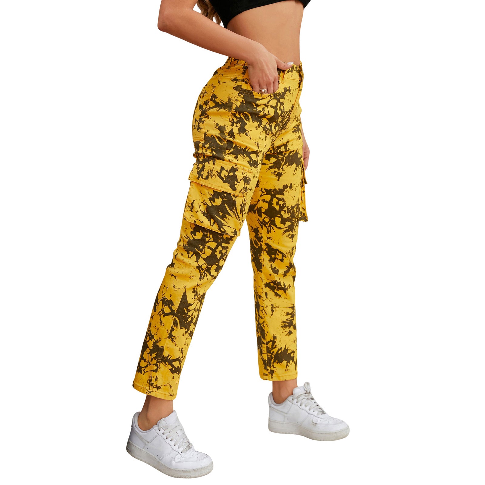 Women's cargo pants with tie-dye pattern, high waist and patch pockets Chichicherry