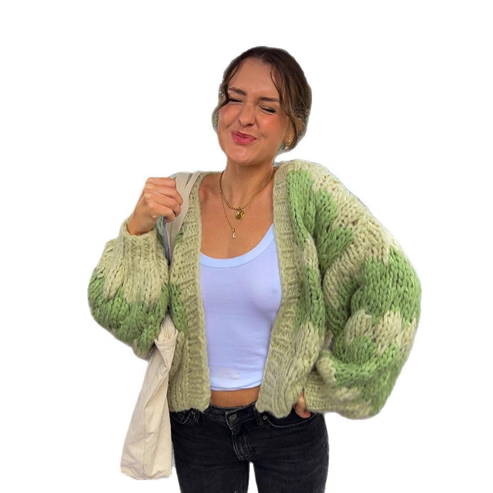 Women's Chunky Knit Cropped Cardigan with Voluminous Balloon Sleeves and Crochet Patch Details Chichicherry