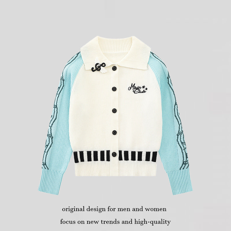 Women's cardigan with contrast sleeves, musical embroidery and polo collar Chichicherry