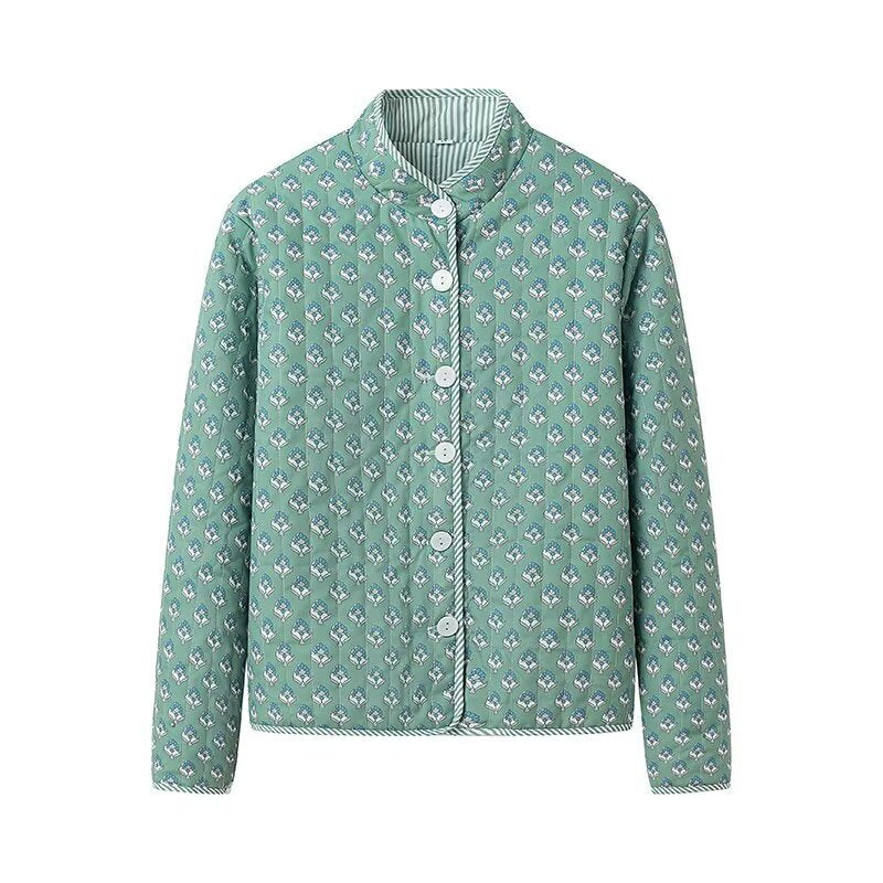 Ladies Lightweight Cotton Blouse with Standing Collar, Full Button Placket and Allover Print Chichicherry