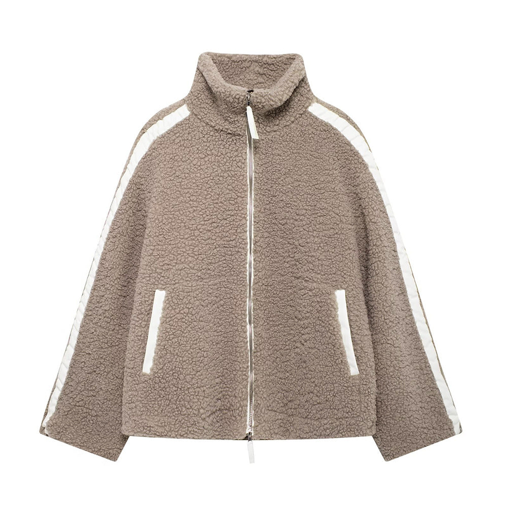 Women Wide Cut Teddy Fleece Jacket with High Standing Collar Chichicherry