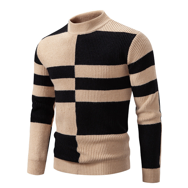 Men's Structured Mockneck Knit Sweater with Asymmetrical Block Pattern Chichicherry