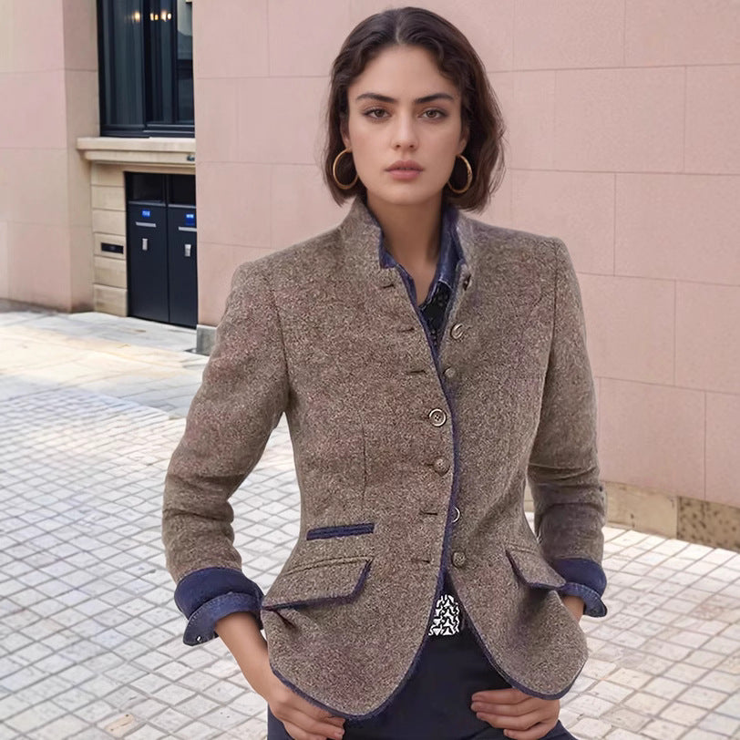 Women's Short Blazer with Stand Collar and Velvet Trim Chichicherry