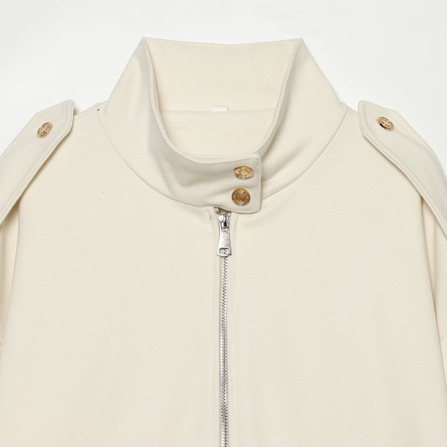 Women Cropped Utility Jacket with high collar, shoulder epaulettes and flap pockets