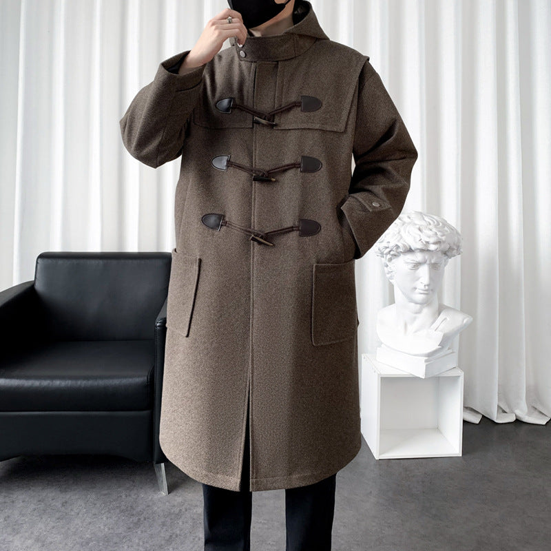 Men's Long Wool Blend Duffle Coat with Hood, Toggle Closures and Patch Pockets Chichicherry
