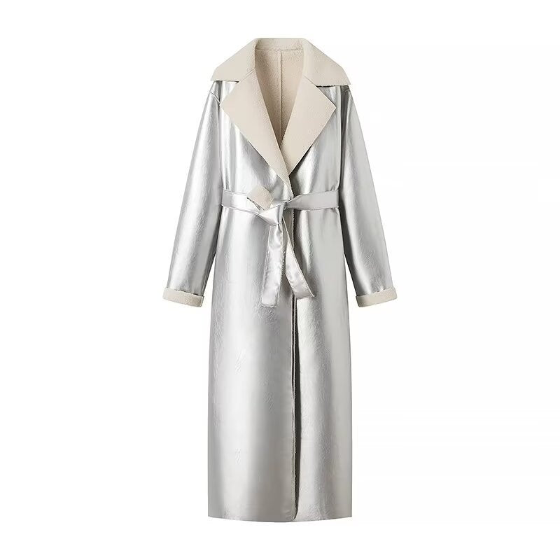 Women's longer vegan coat made of faux leather with teddy lining and tie belt Chichicherry