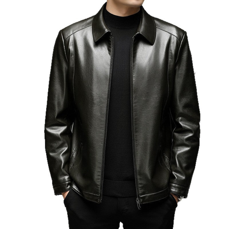 Men's Smooth Faux Leather Zip Jacket in Shirt Collar Style with Minimalist Seam Design Chichicherry