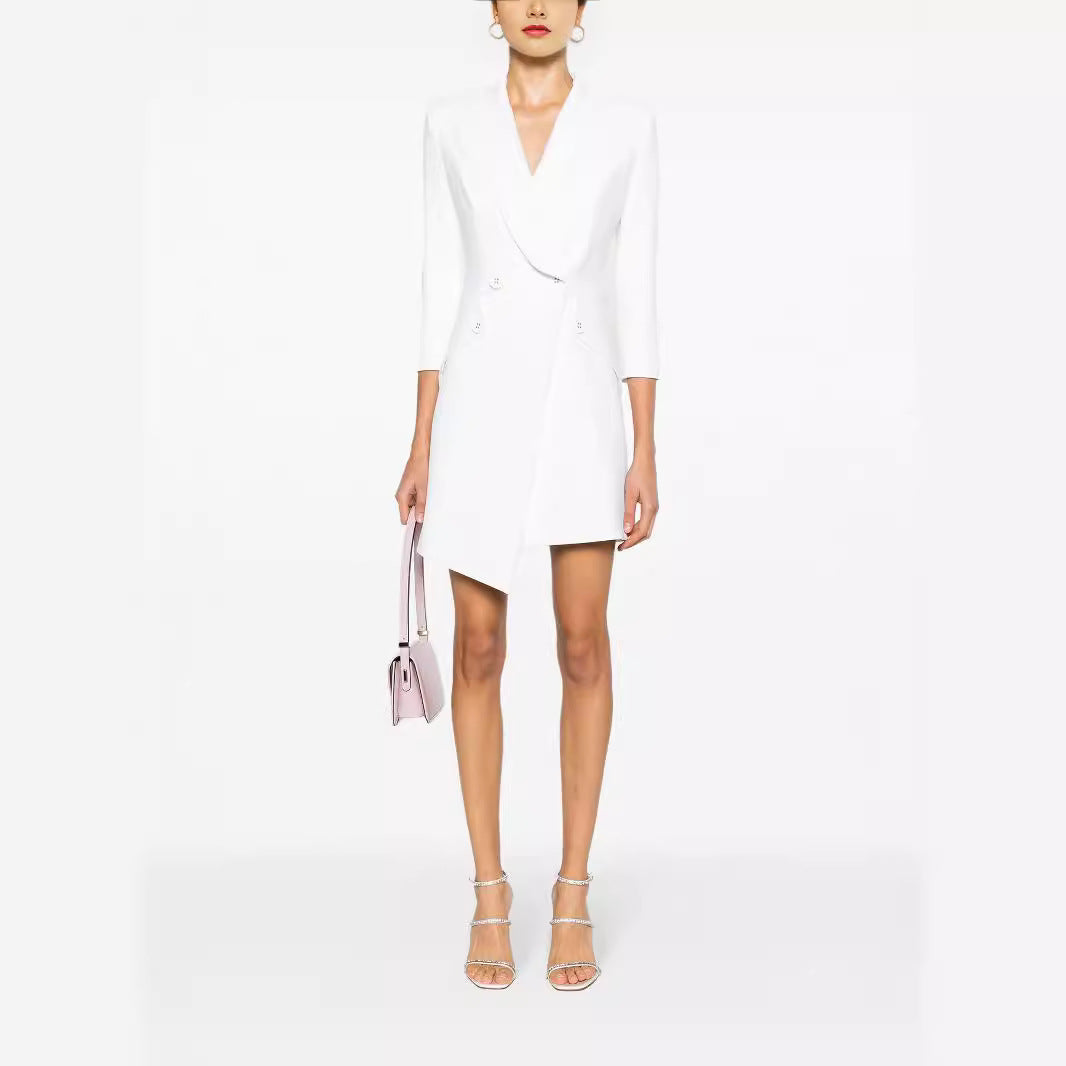 Women Tailored Blazer Dress with Asymmetrical Hem and 3/4 Sleeves Chichicherry