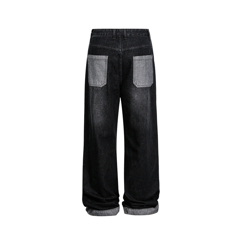 Unisex Wide Baggy Denim Pants with High Waist and Contrasting Pockets Chichicherry
