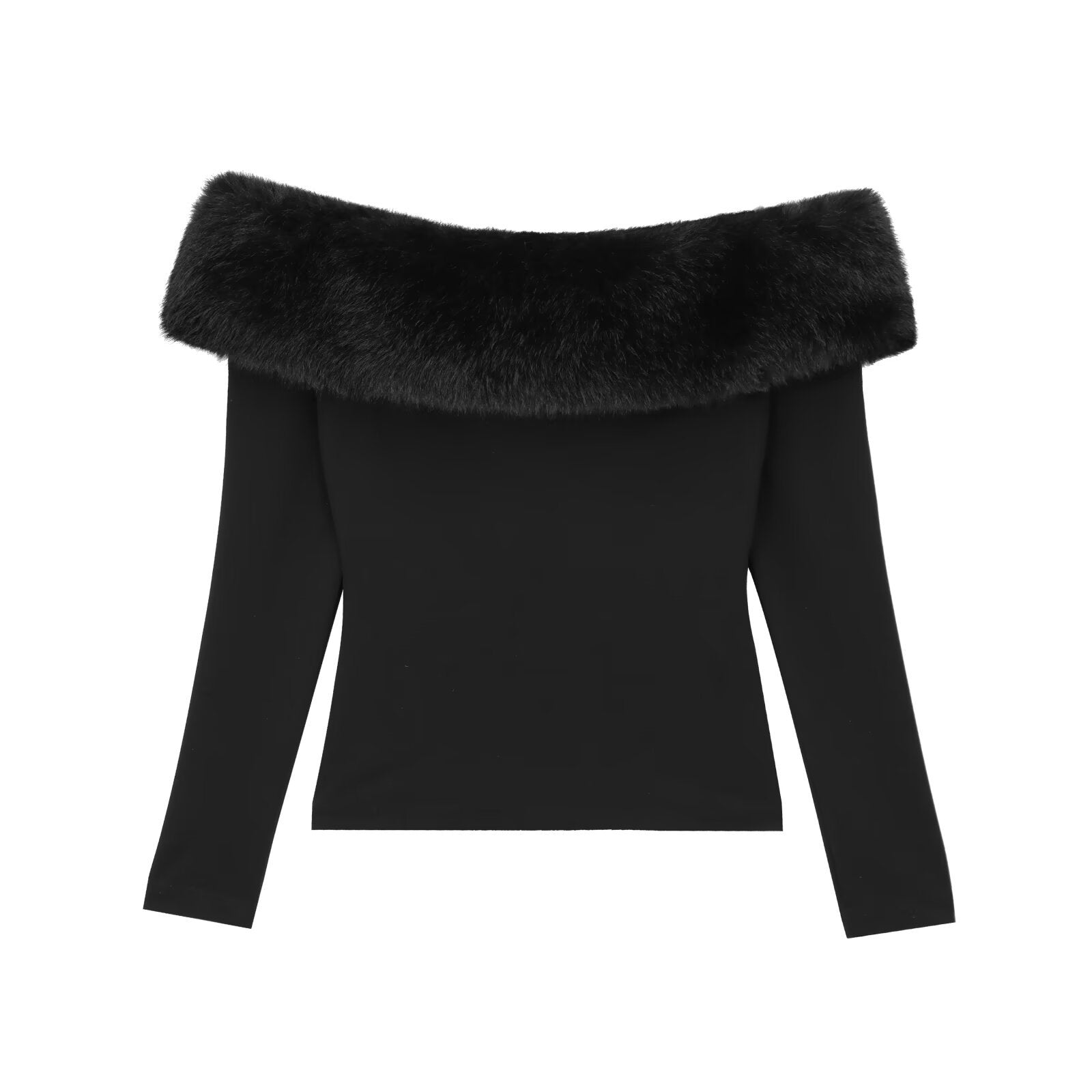 Women's Off-Shoulder Long Sleeve Sweater with Wide Faux-Fur Shawl Collar Chichicherry