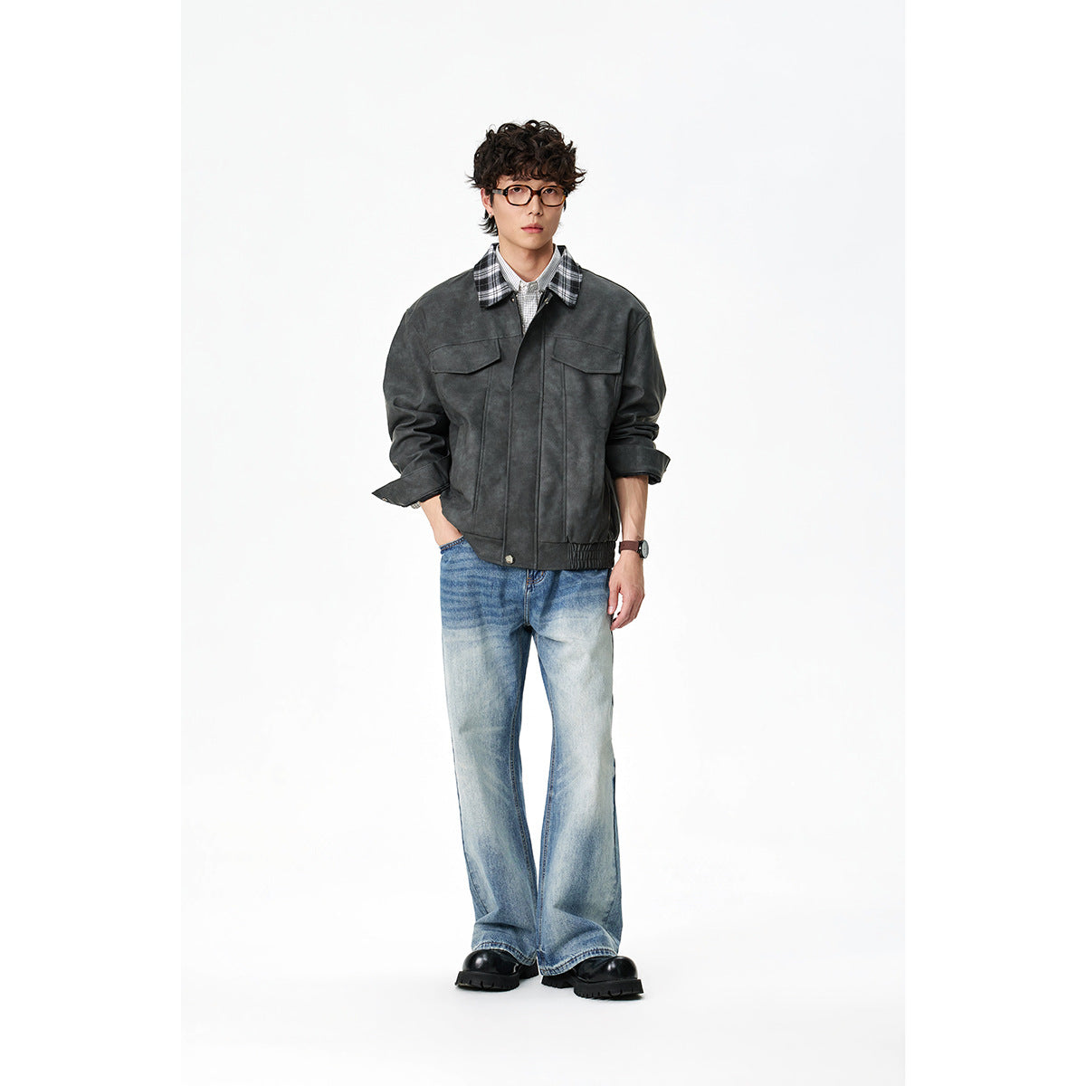 Men's Boxy Faux Leather Blouson with Checked Turn-Down Collar and Flap Pockets