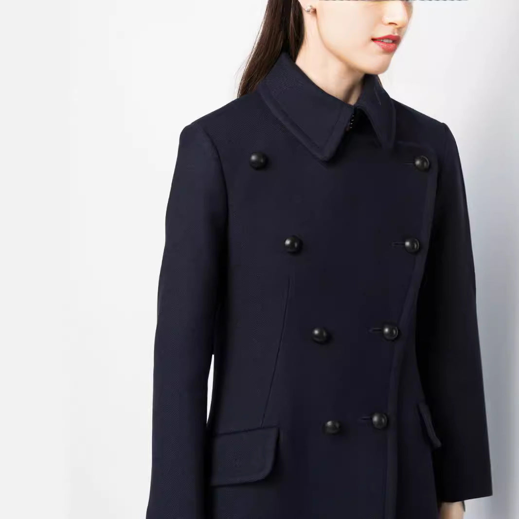 Women Double-breasted A-line Wool Blend Coat with Round Collar and Flap Pockets Chichicherry