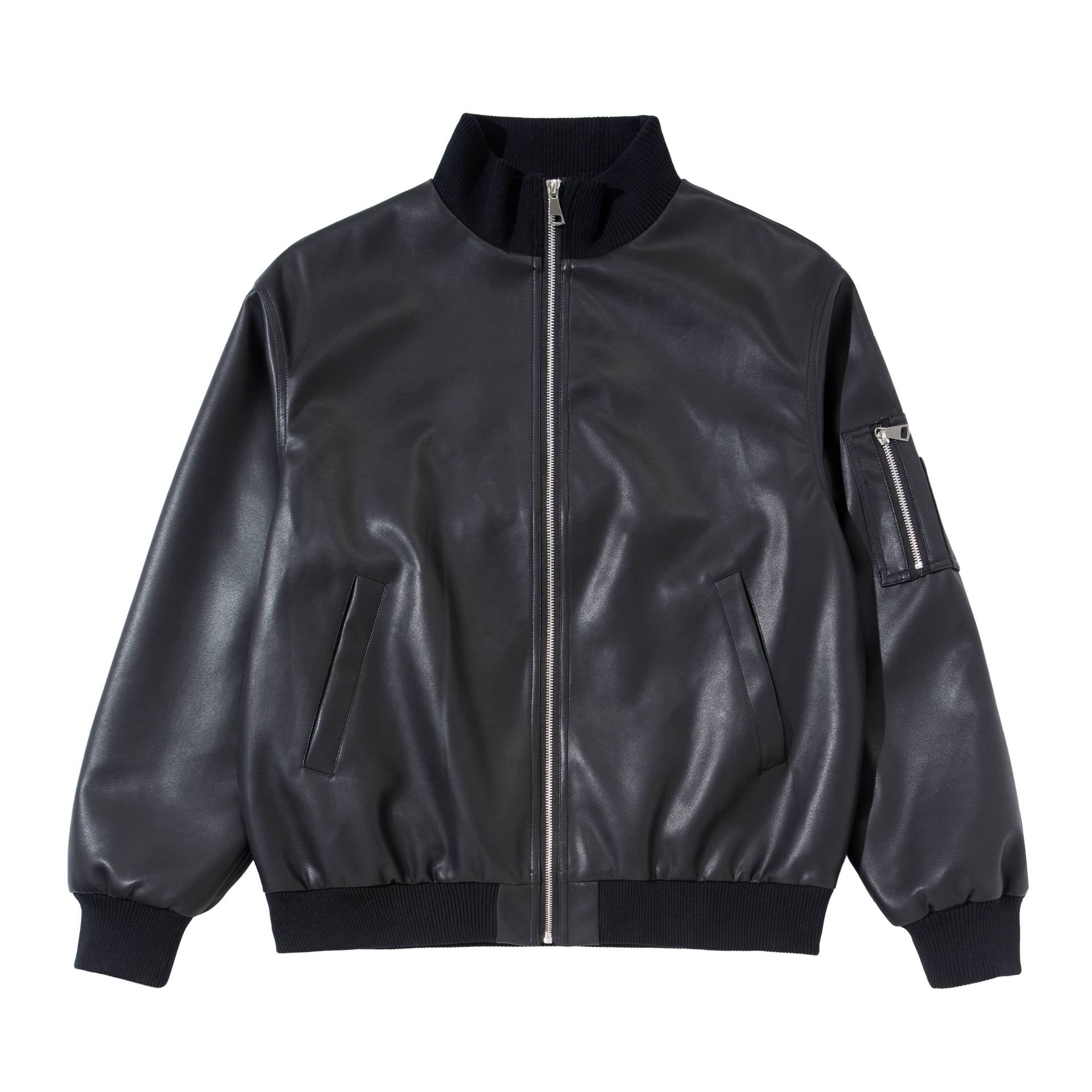 Men's faux leather bomber jacket in boxy cut with high ribbed collar and sleeve utility pocket Chichicherry