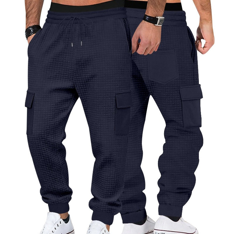 Men's Textured Waffle Cargo Joggers with Elastic Waistband and Multifunctional Pocket Design Chichicherry