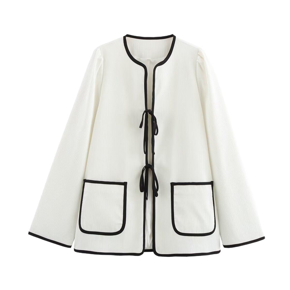 Women's Elegant Short Jacket without Collar with Contrast Piping, Ties and Patch Pockets Chichicherry