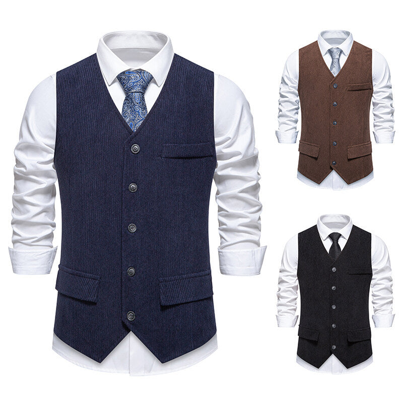 Men's Tailored Business Waistcoat made of Structured Fabric with V-Neck and Decorative Buttons Chichicherry