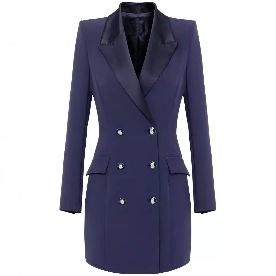 Women Tailored Double-Breasted Blazer Dress-Mini Dress with Structured Shoulder Chichicherry