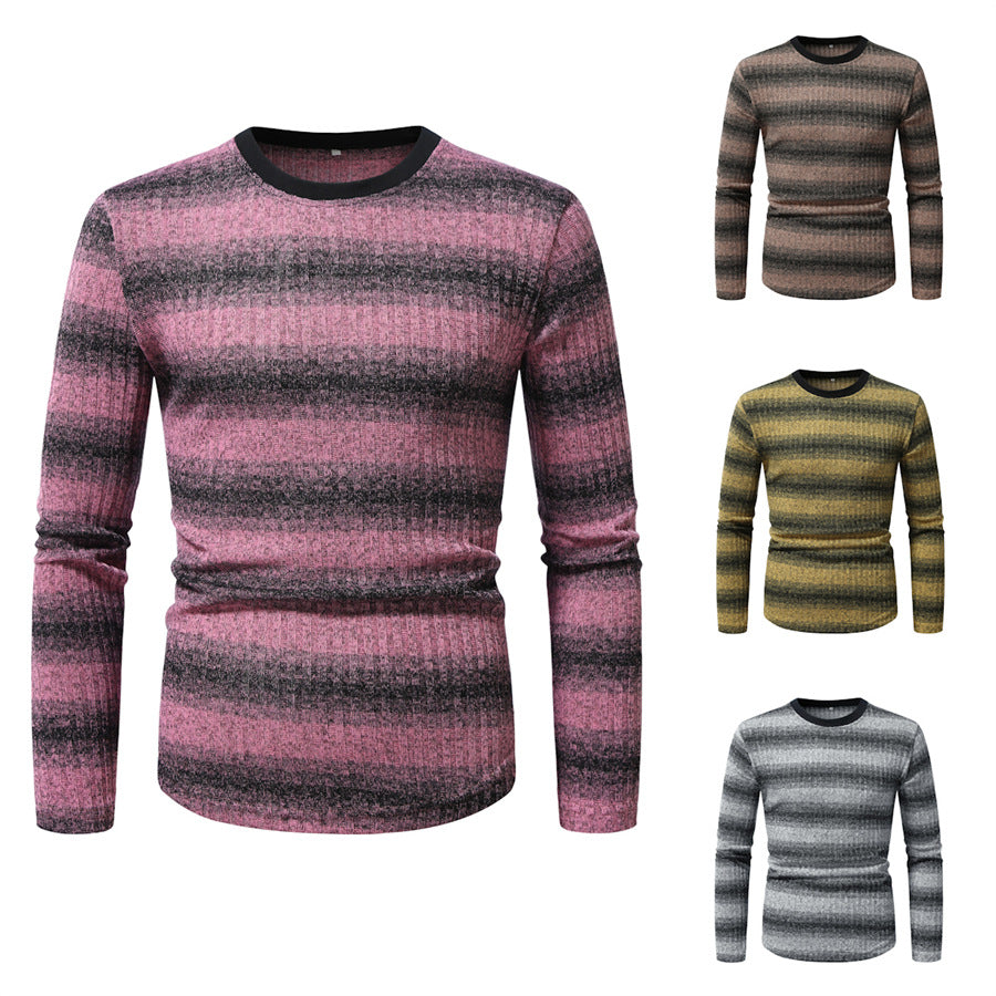 Men's Slim-Fit Fine Knit Sweater with Horizontal Gradient and Ribbed Texture Mix Chichicherry