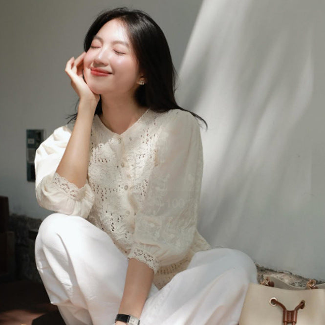Women's Romantic Crochet Blouse with Continuous Button Placket, V-Neck and Three-Quarter Balloon Sleeves Chichicherry