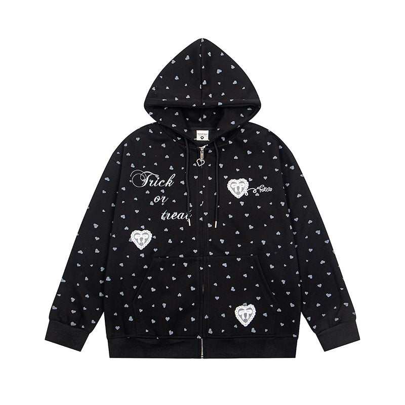Women's hoodie sweat jacket with full-length zipper, all-over heart print and statement embroidery Chichicherry
